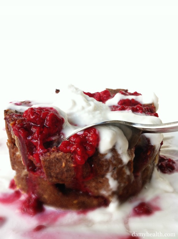 healthy raspberry white chocolate bread pudding