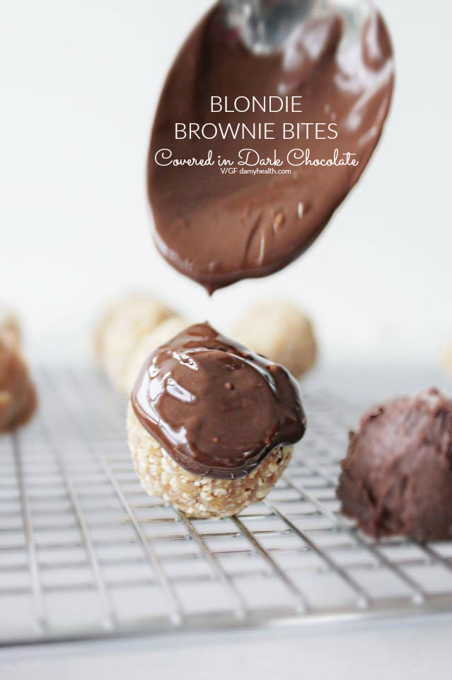 Blondie Brownie Bites Covered in Dark Chocolate